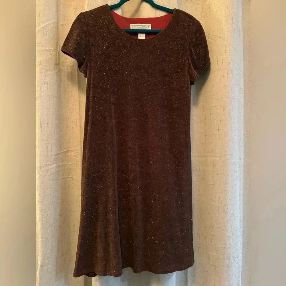 Vtg Jessica Howard Size 12 Brown Sparkling Short Sleeve Dress.‎ Fully lined.Mini